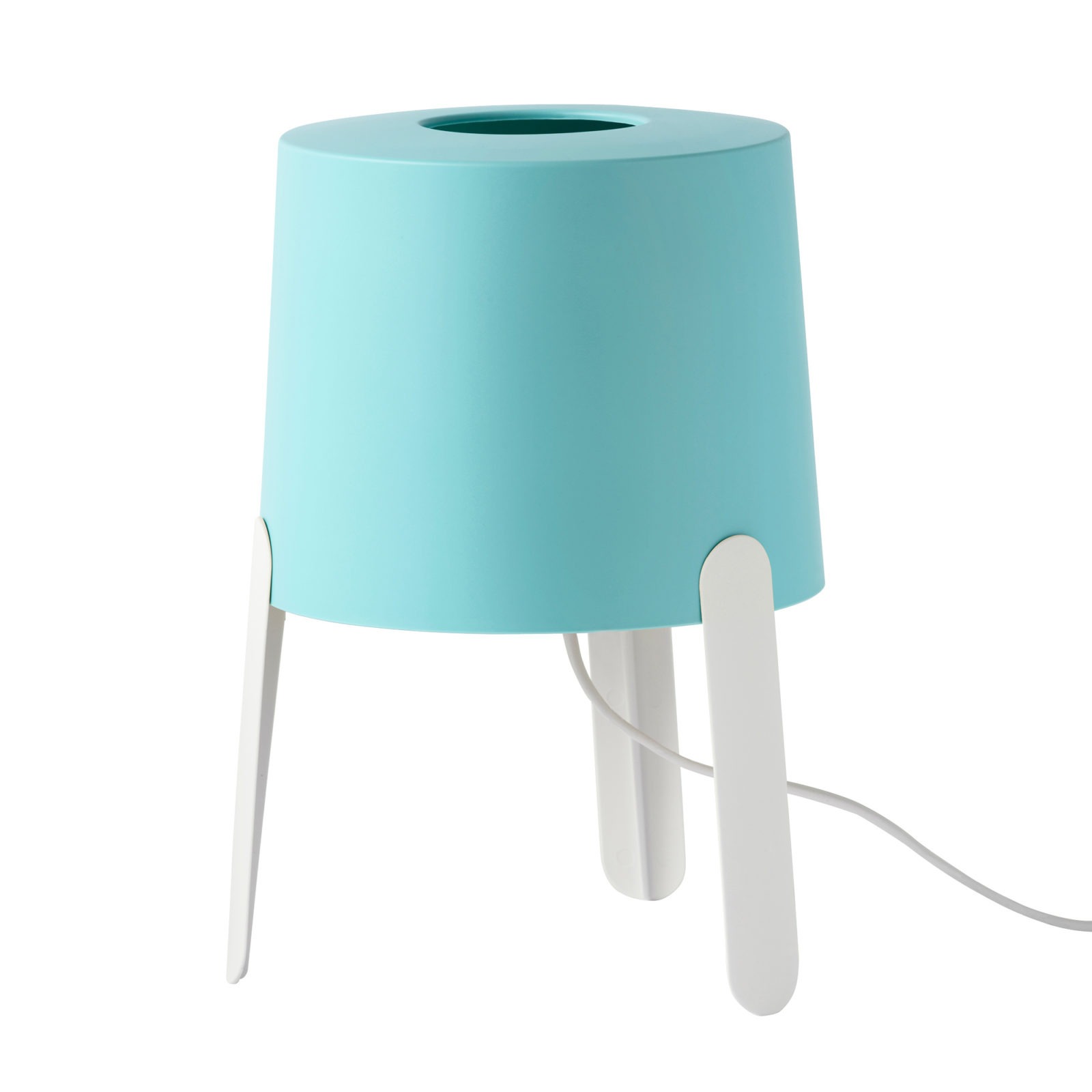 Three-legged table lamp with light blue shade.