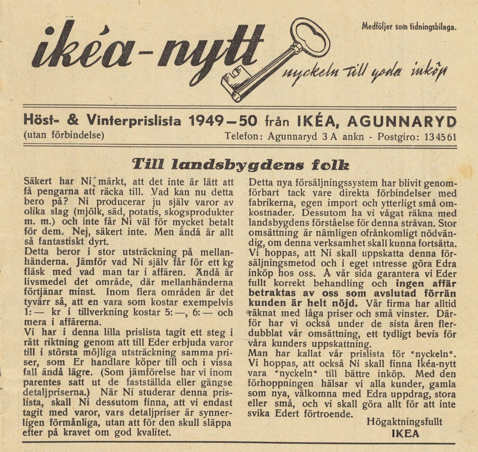 Faksimile, schwedische Zeitungsmeldung, Ikéa-nytt, Preisliste Herbst, Winter 1949-1950 für „Landbevölkerung“.