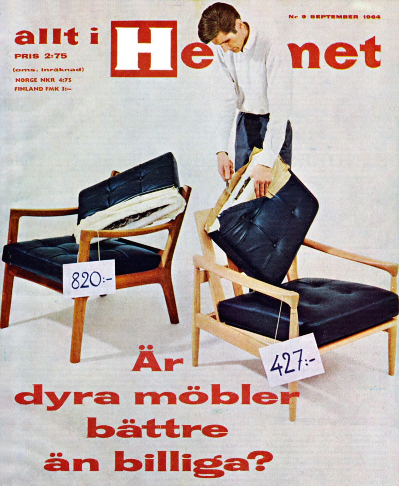 Portada de revista: «¿Un mueble caro es mejor que uno barato?». Hombre con sillones rotos y etiquetas con varios precios.