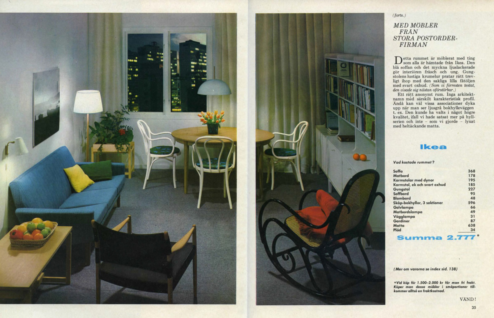 Revista con foto de salón de los 60 y un texto sobre elegir y probar «muebles de la compañía de venta por correo» IKEA.