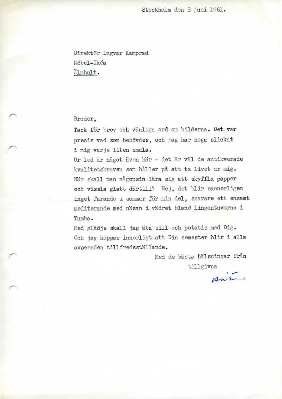 Typewritten letter from Brita Lang to Ingvar Kamprad, 3 June 1961.