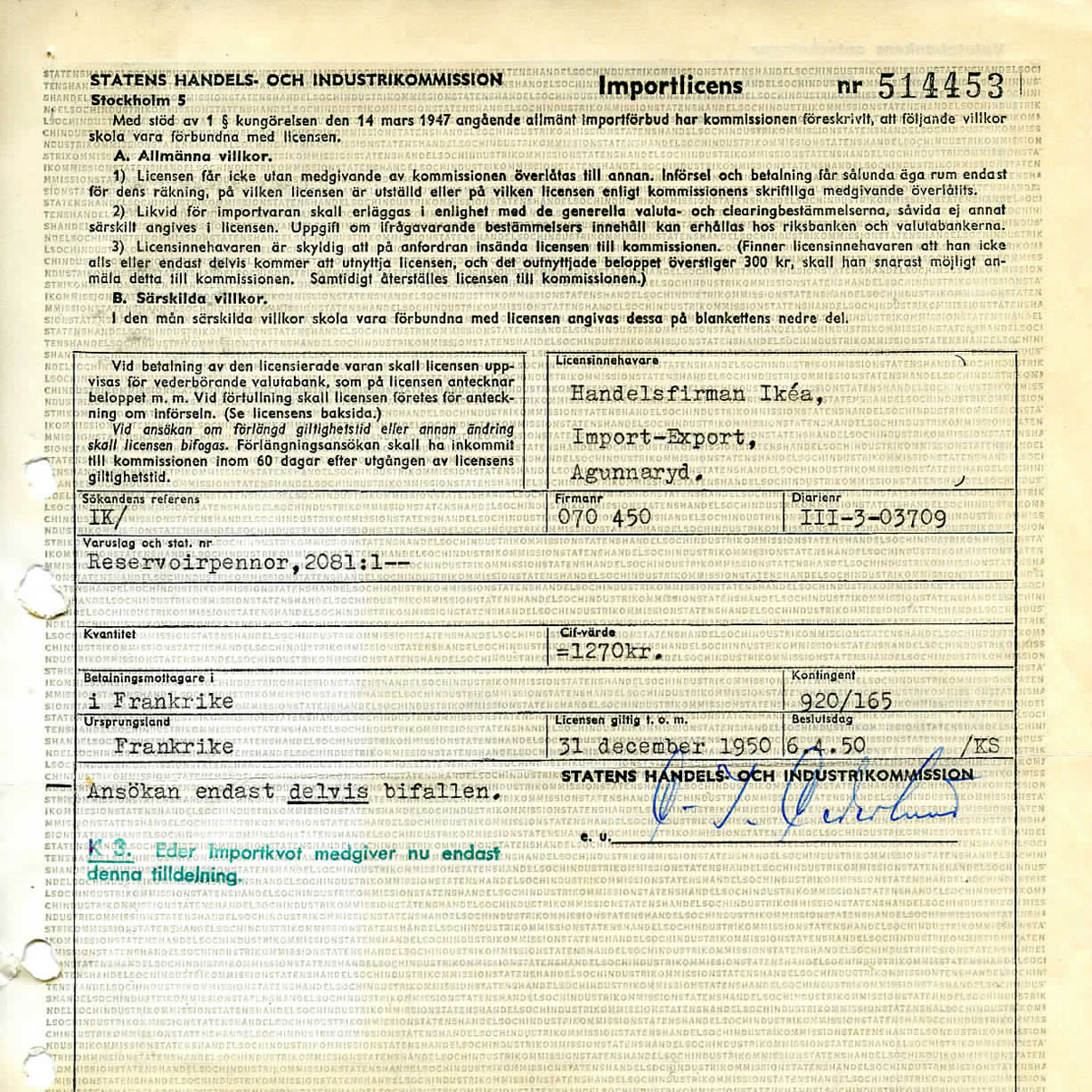 Copie jaunie d’une licence d’import signée, texte indiquant stylos à bille de France pour Ikéa, en partie approuvée, 1950.