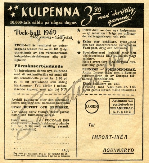 Facsimile, yellowed 1940s newspaper ad for ballpoint pens from Ikéa with coupon to fill out and send.