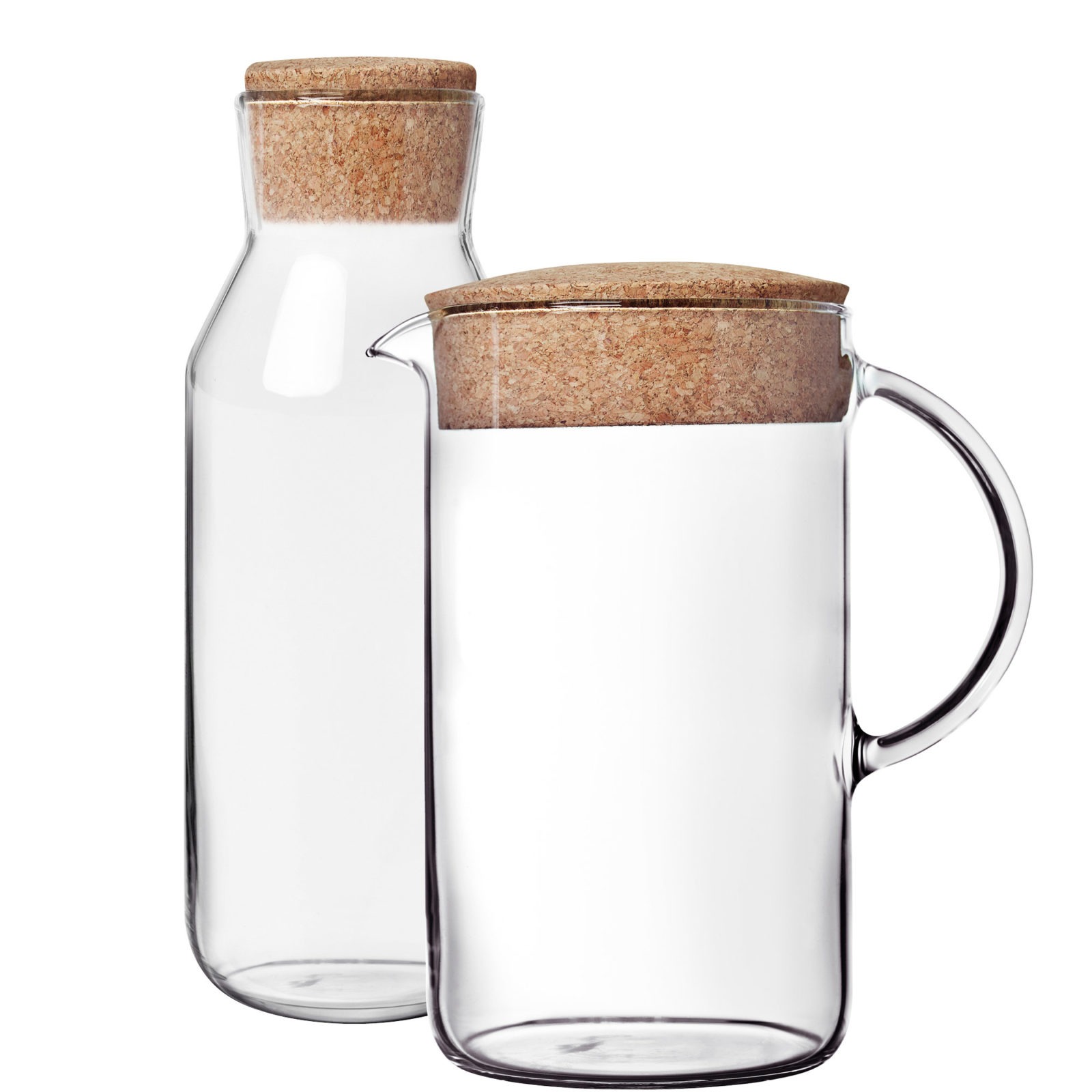 Clean-lined carafe and jug made of clear glass with cork lids.