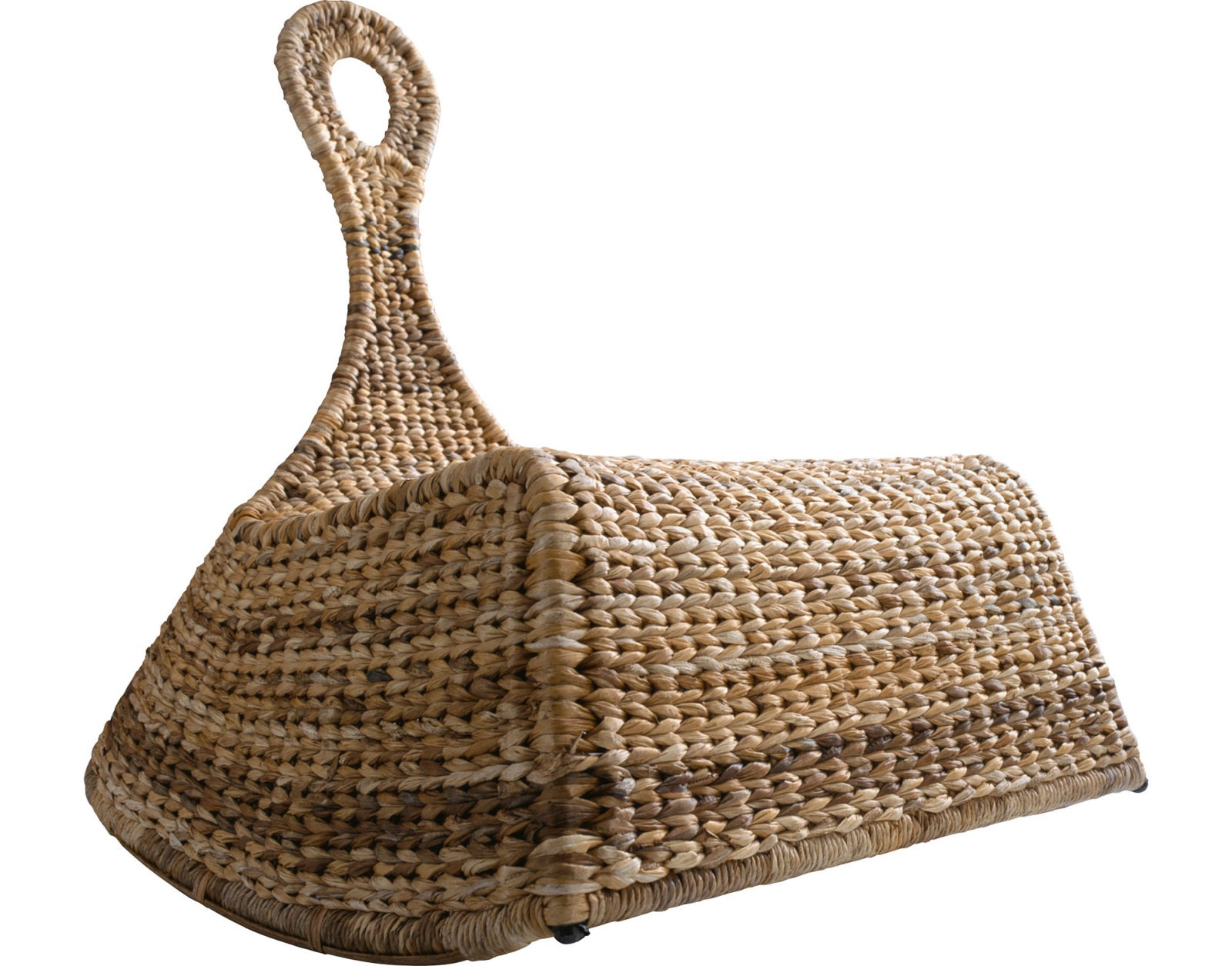 Rocking-chair made of woven banana leaves with wide seat and narrow back.
