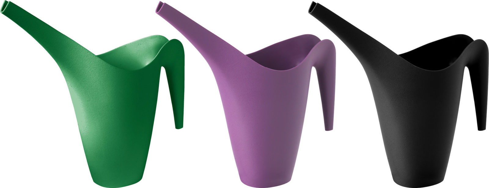 Three stackable plastic watering cans, green, lilac and black, IKEA PS VÅLLÖ.