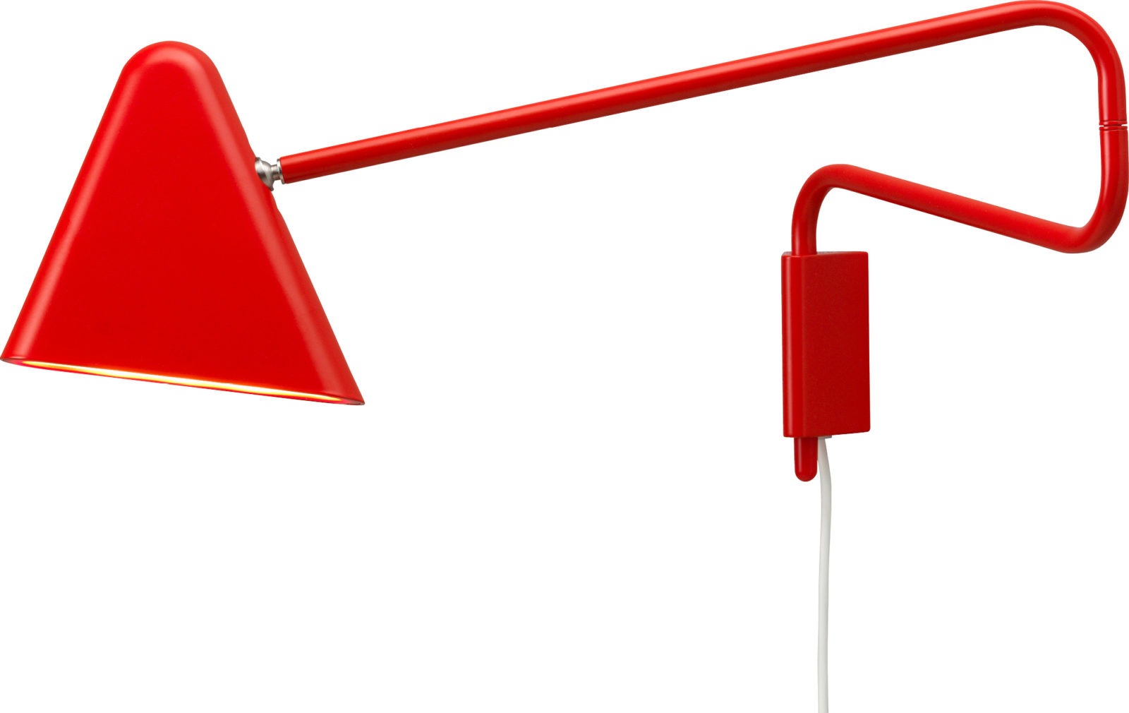 Red wall lamp with long, adjustable arm.
