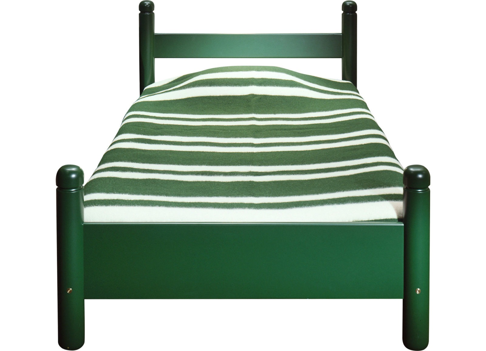 Simple green wooden bed with thick, round corner posts, ADAM.