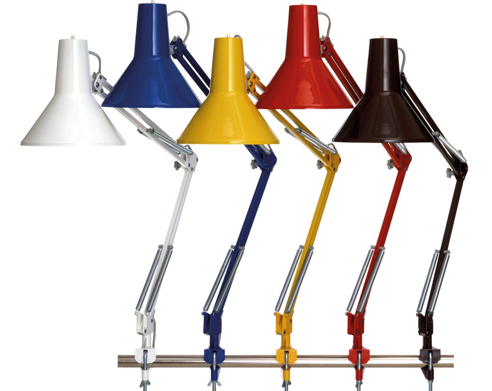 Five metal desk lamps in different colours, red, black, yellow, blue, white, ARKITEKT.