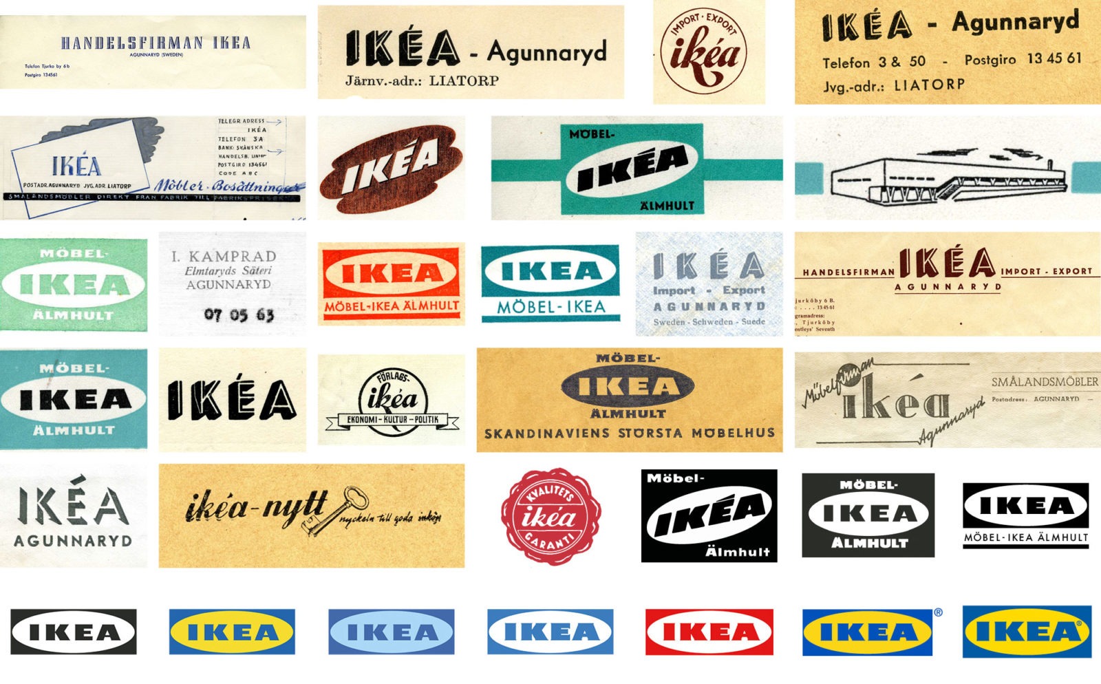 Bildcollage med brevhuvud, visitkort och logotyper med olika färg och uttryck från IKEA genom historien.
