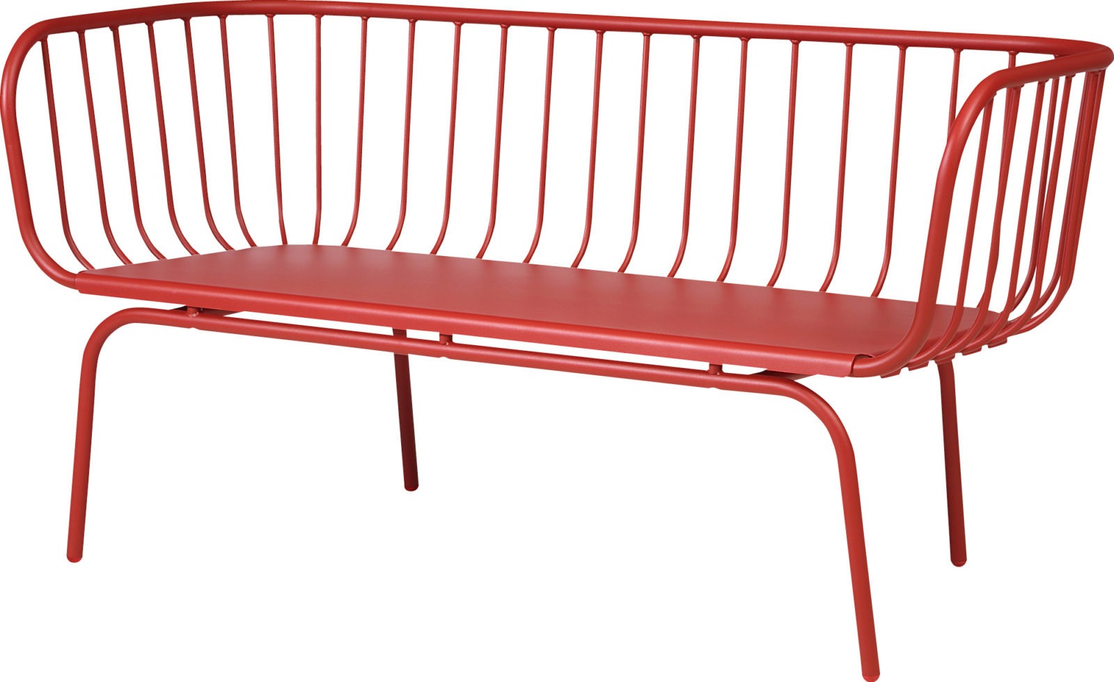 Red outdoor sofa made of powder-coated steel in clean lines, BRUSEN.