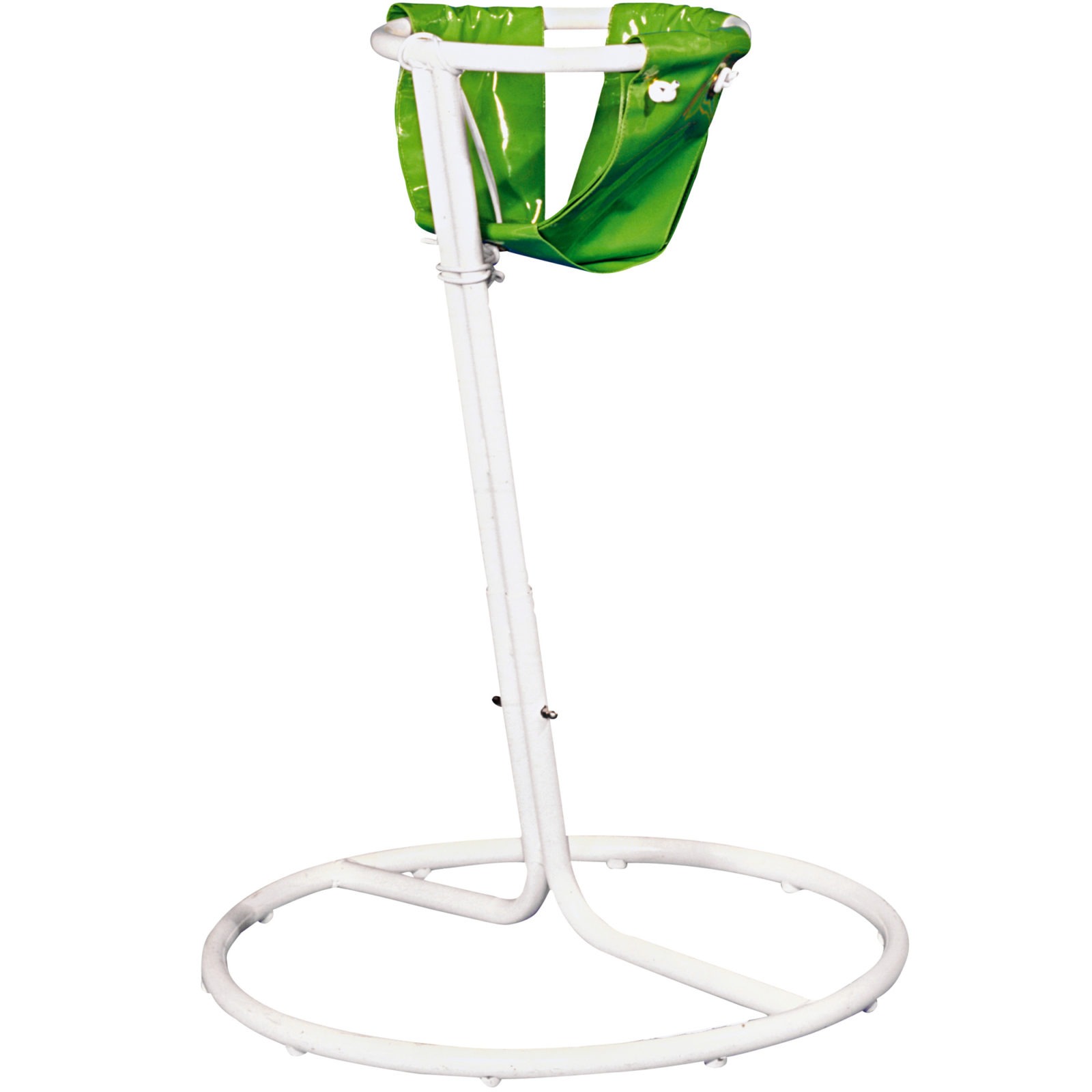 Children's high chair made of white metal and a plastic seat in green, DINO.