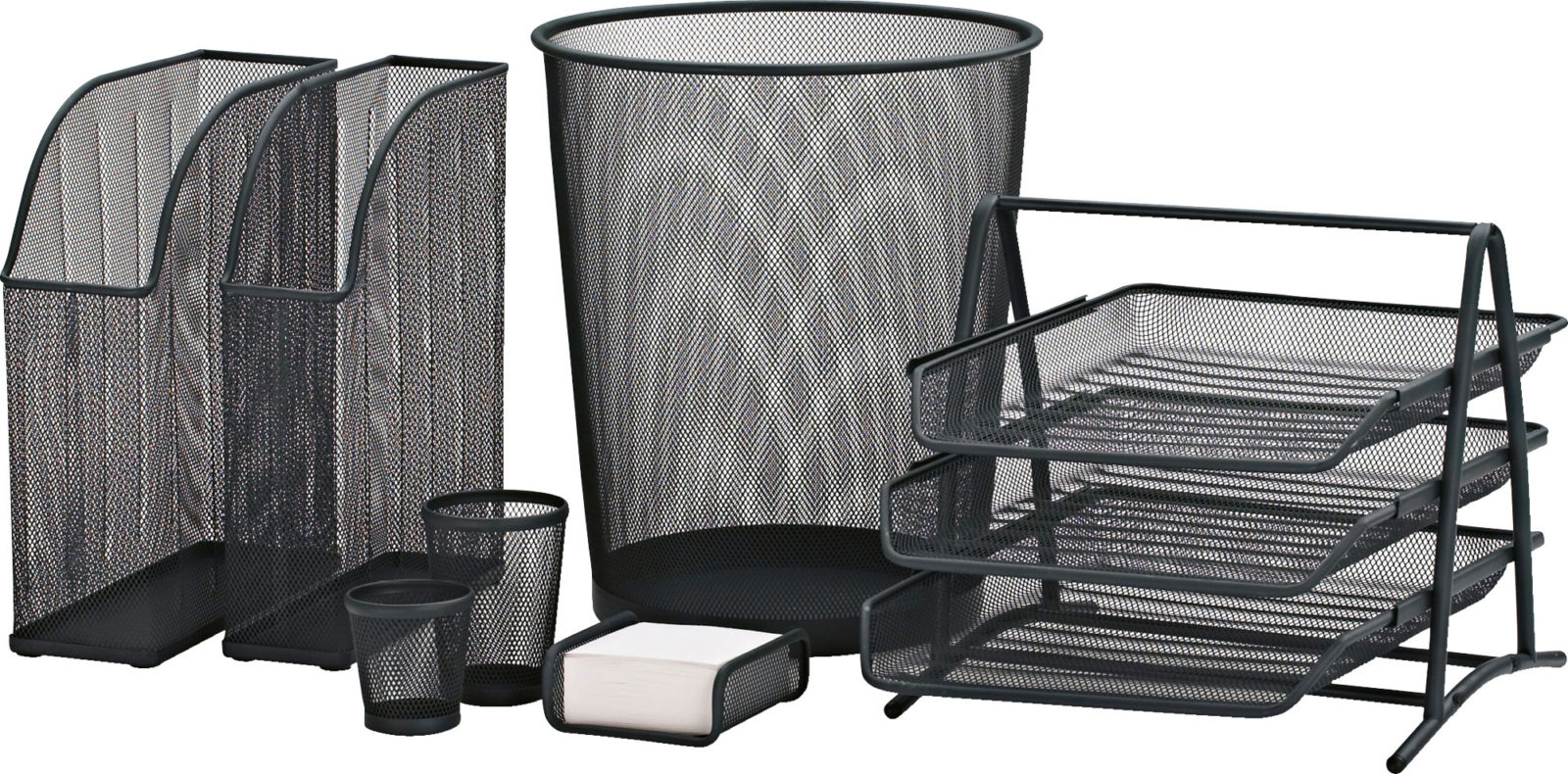 Storage products made of black expanded metal, including magazine files, wastepaper basket and document tray, DOKUMENT.