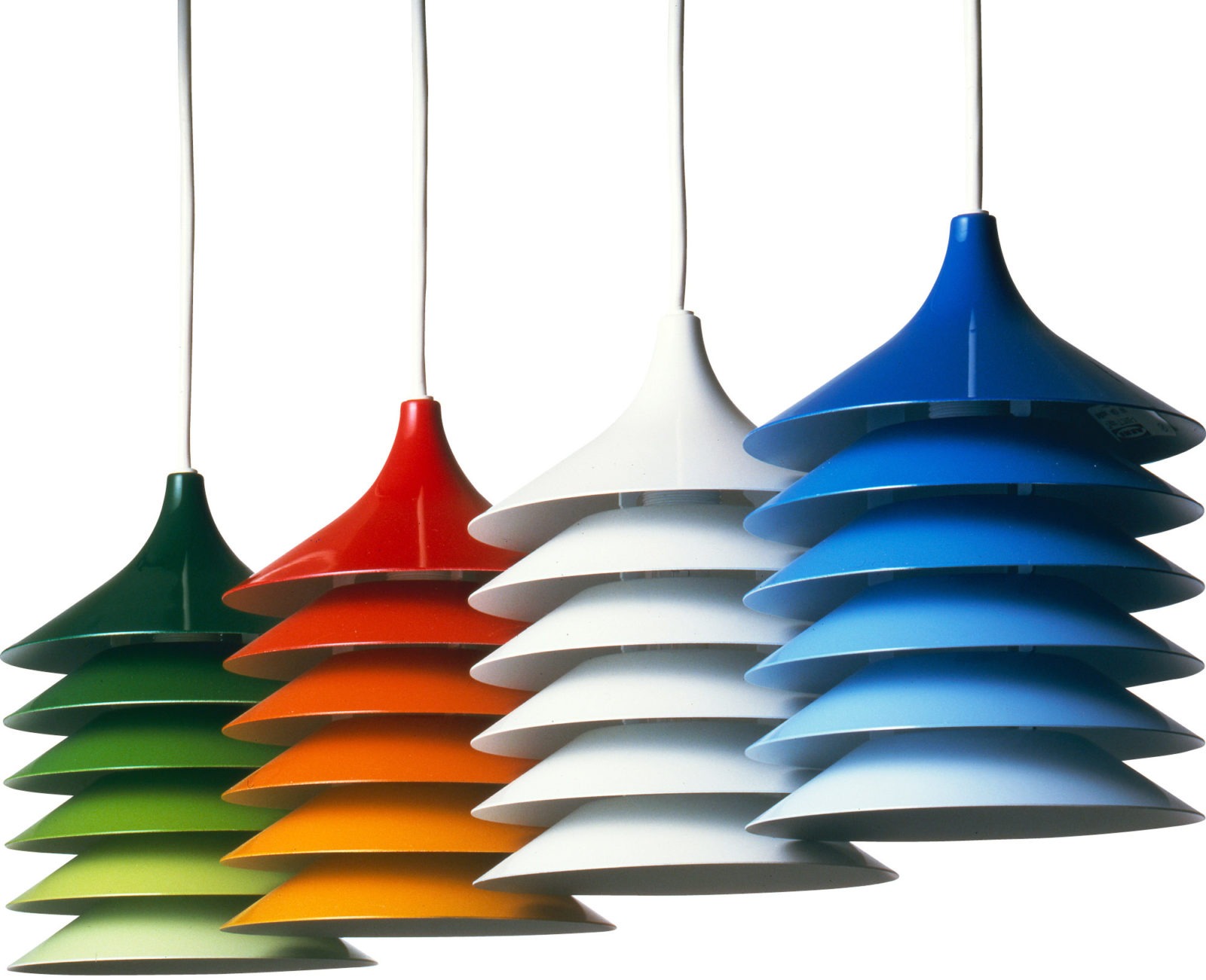 DUETT lamps hanging from ceiling, each has a stack of colourful, funnel-shaped shades.