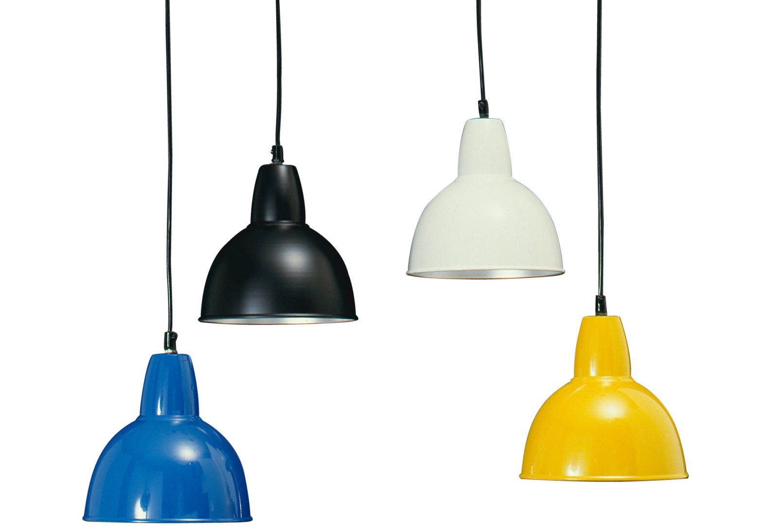 Fyra taklampor i aluminium i olika färger, formen inspirerad av lampor i en fotostudio, FOTO.