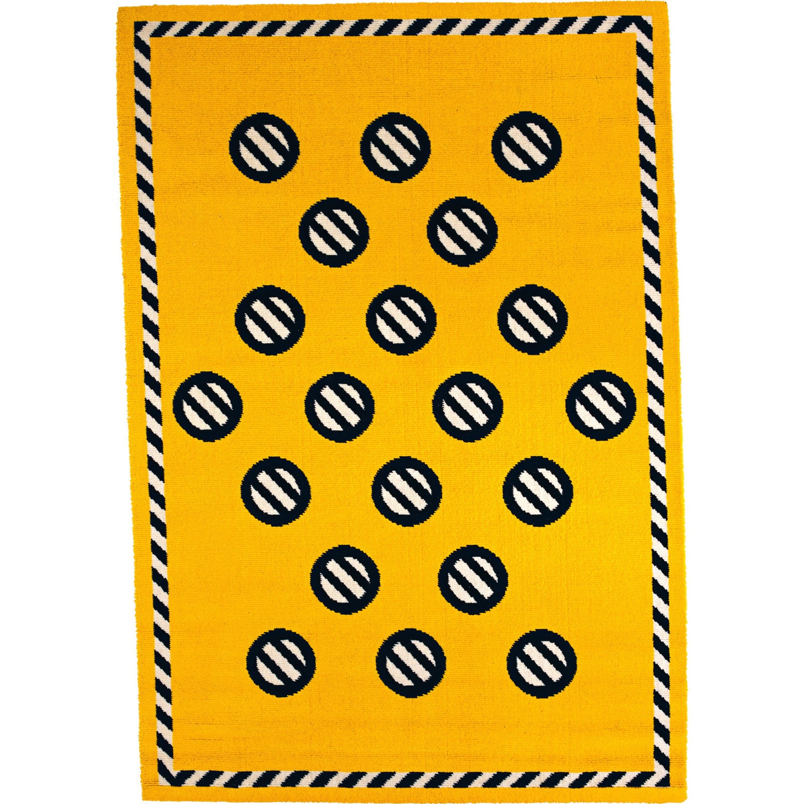 Yellow rug decorated with pattern of black and white stripes, GIFTIG.