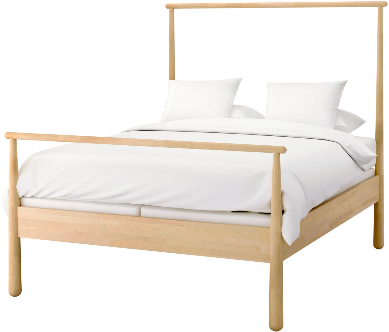 A bed made from untreated massive birch, one end higher than the other, GJÖRA.