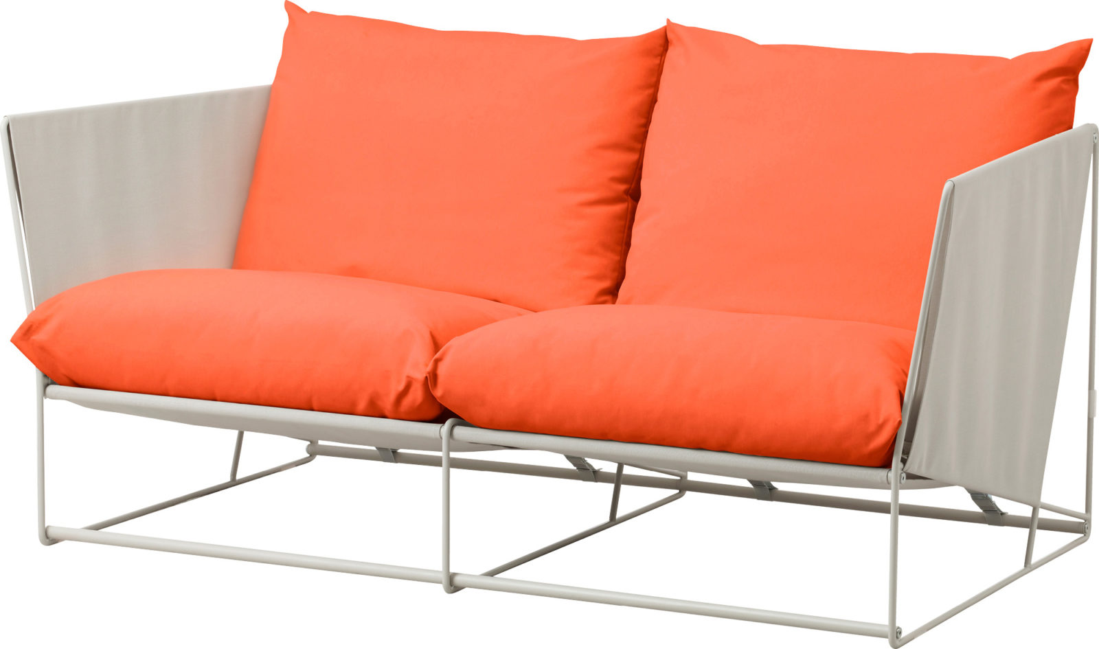 Two-seater beige sofa with plump orange pillows, the base made of light steel tubes covered in mesh, HAVSTEN.
