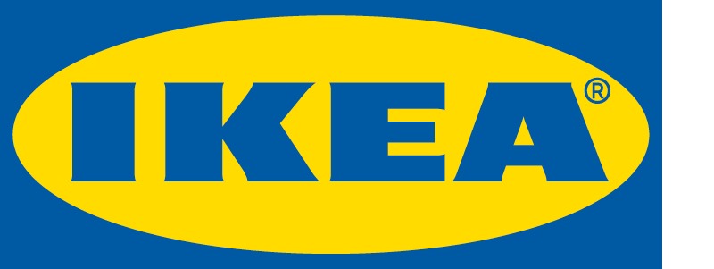 IKEA written in blue capital letters on yellow oval against a blue background, with trademark sign inside the oval.