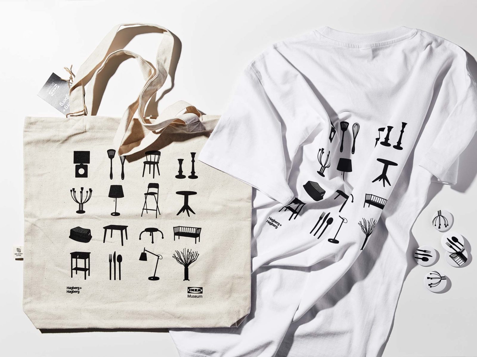 Tote bag and T-shirt with black and white stylised pattern with silhouettes of home furnishing products.