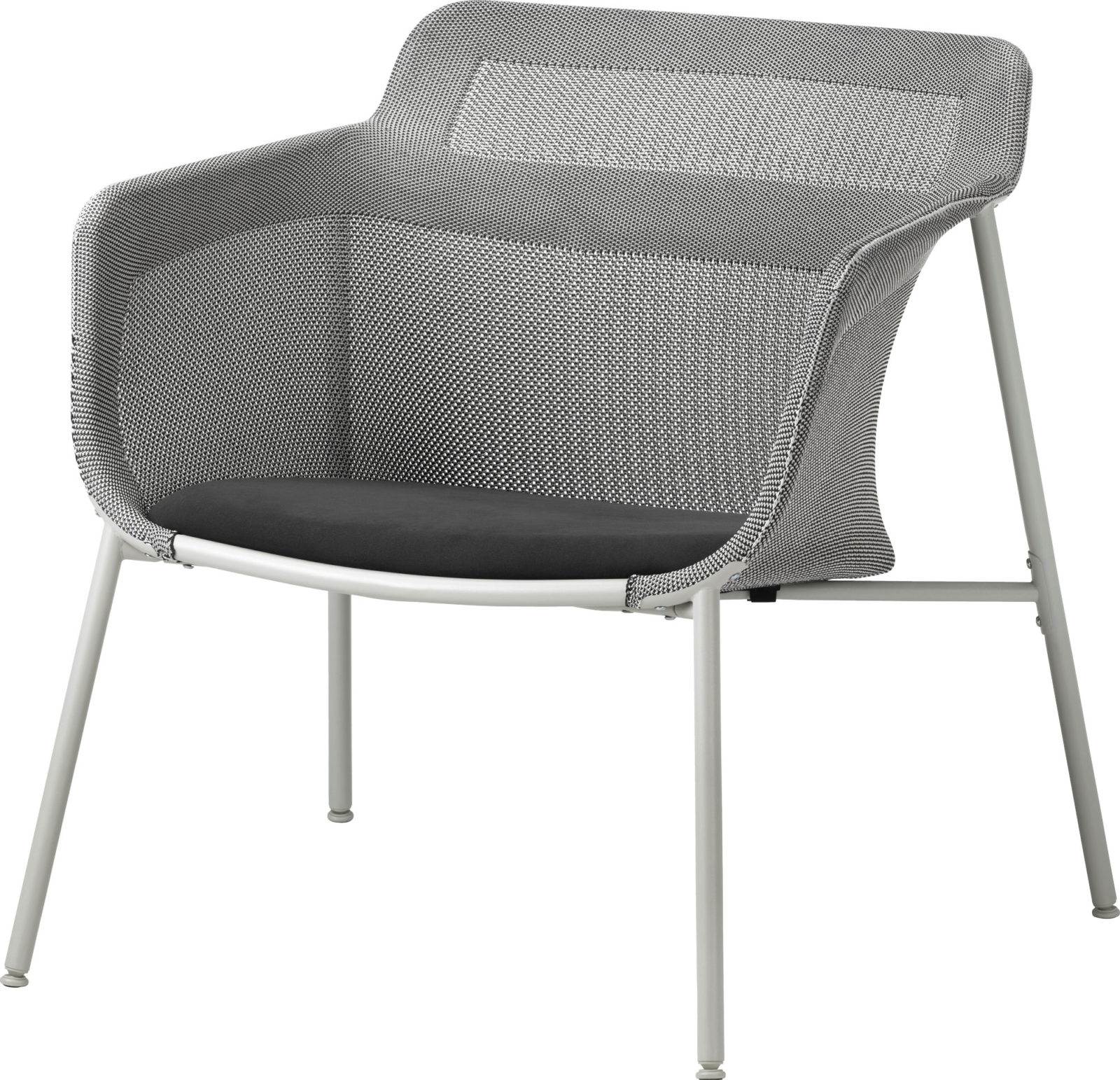 Grey armchair manufactured using 3D knitting, giving it a light, almost transparent surface.