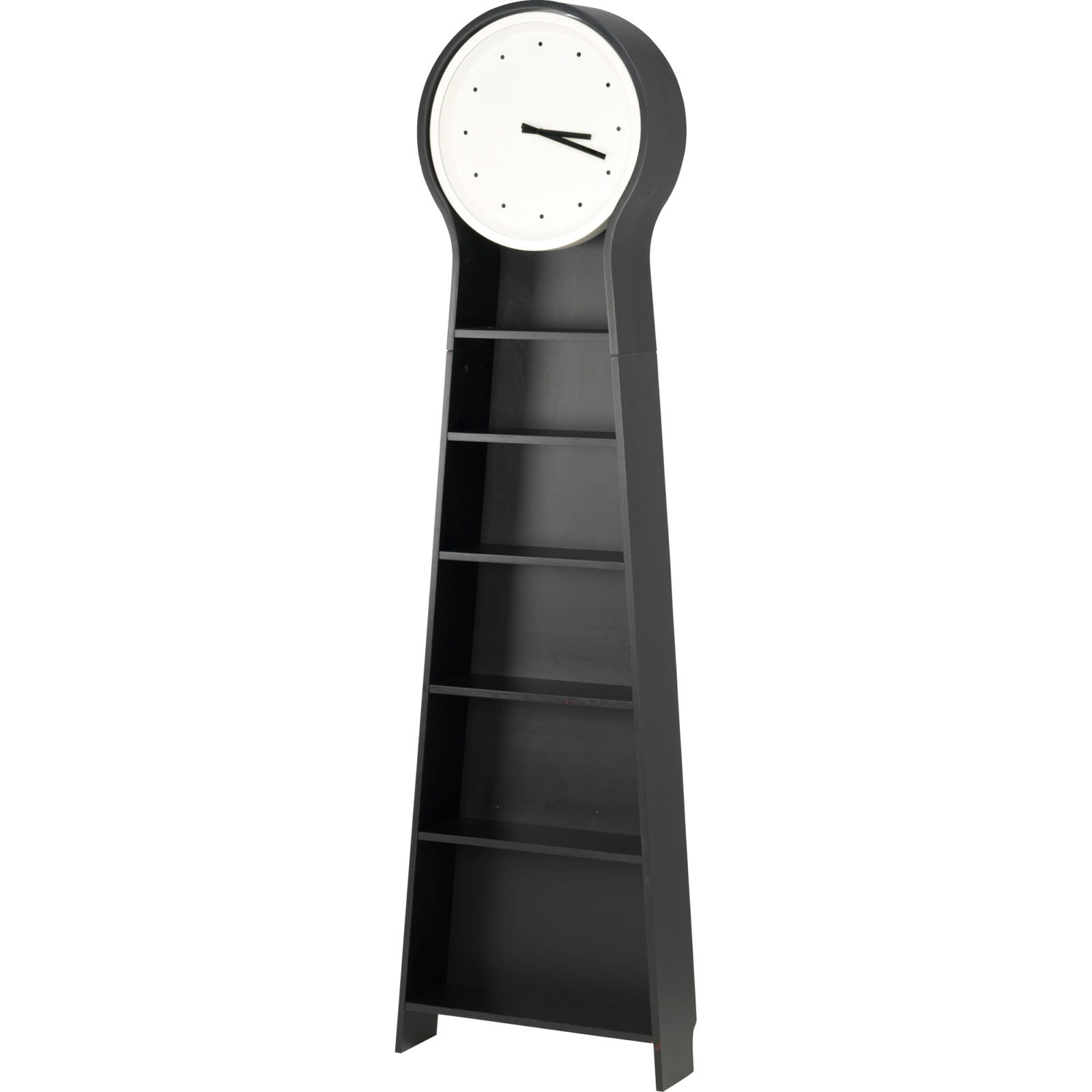 Black floor clock with shelving for storage, made of glue-layered, moulded poplar veneer.