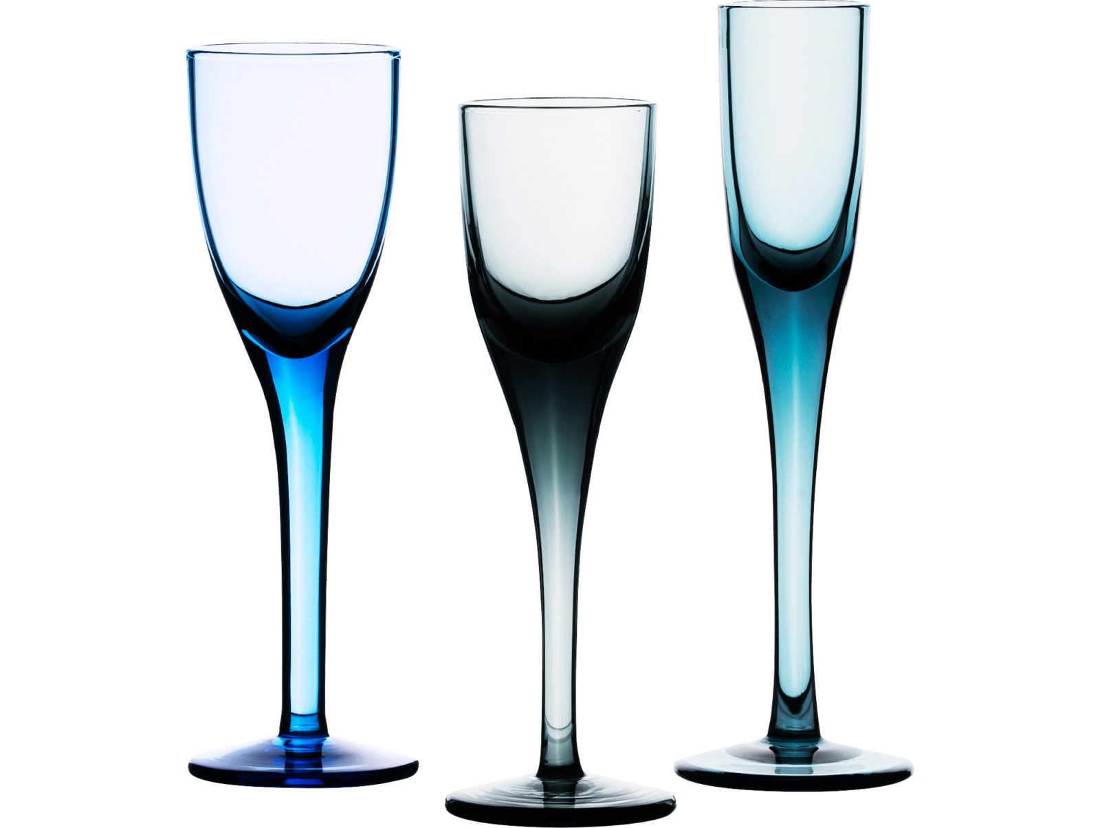 Three different-sized liqueur glasses in different shades of blue, IKEA PS SKOGSSTJÄRNA.