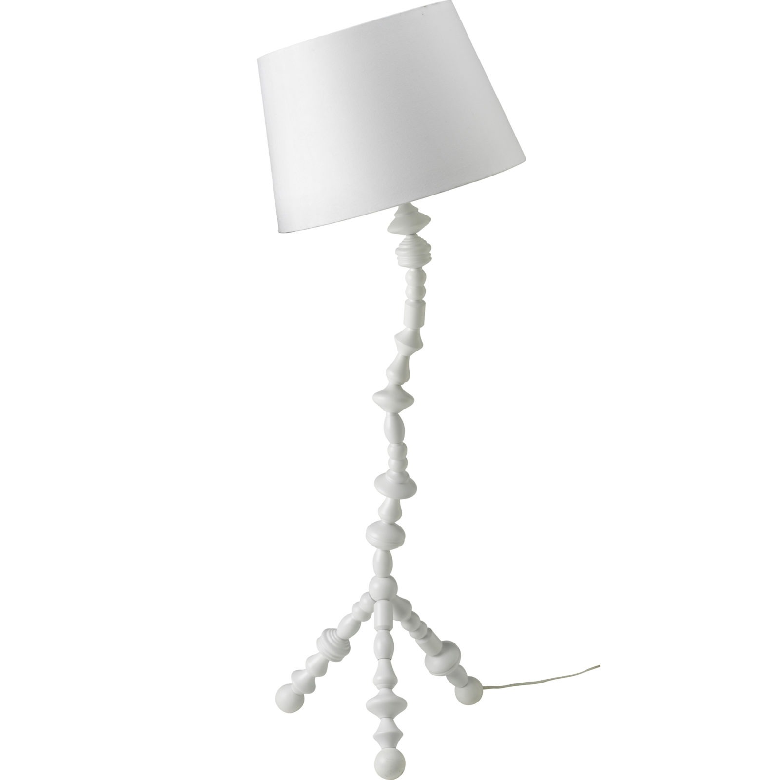 A twisted floor lamp made of turned wooden poles with a white lamp shade, IKEA PS SVARVA.