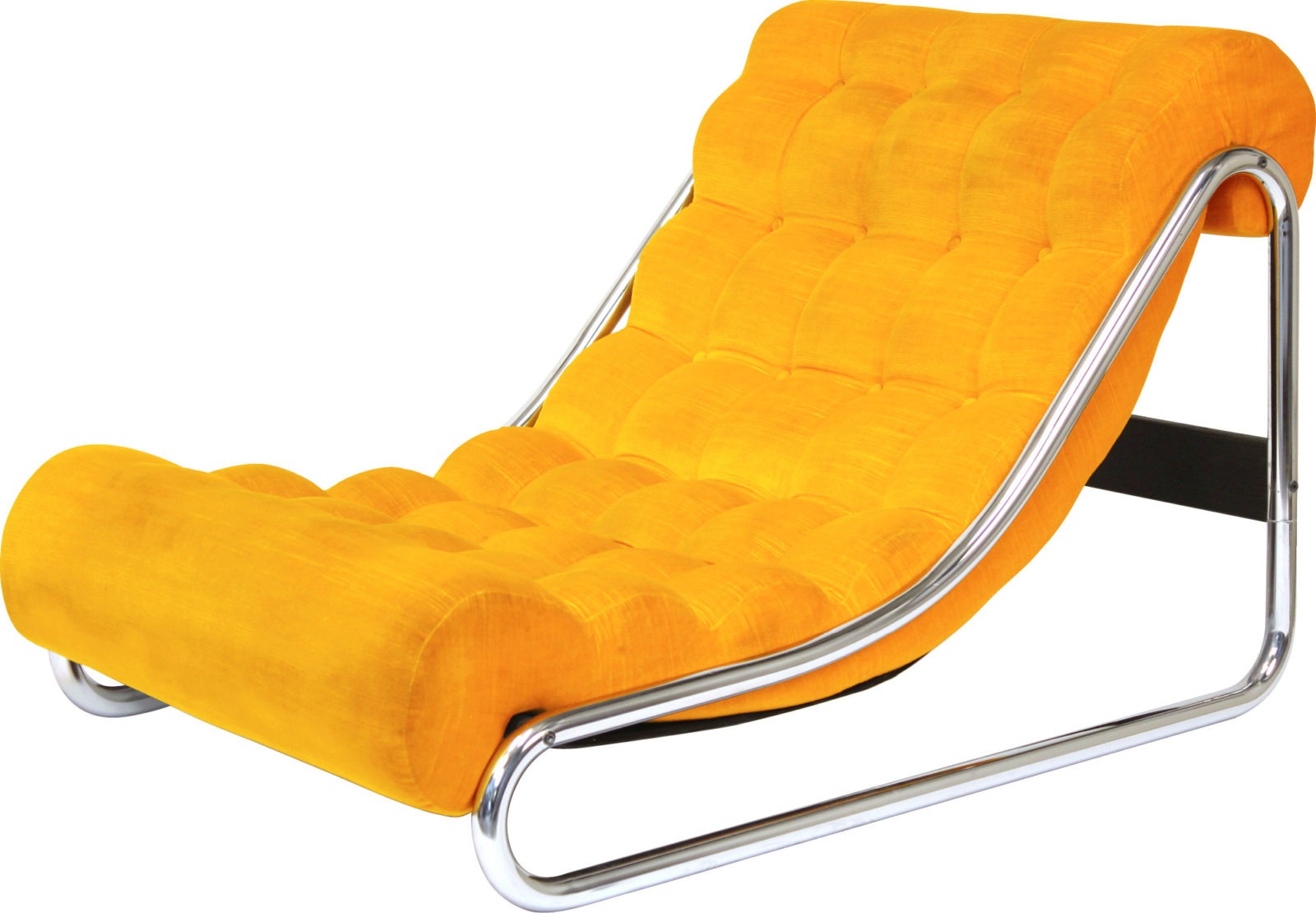 Lounge chair with chrome base and a sloped seat with yellow quilted fabric, IMPALA.