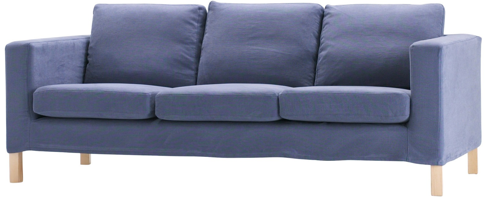 Blue three-seater sofa with wooden legs, KARLANDA.