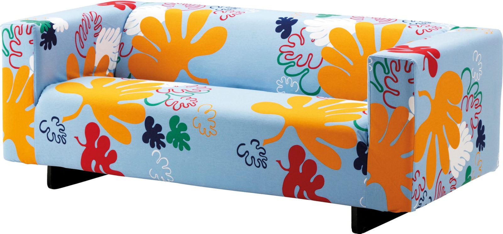 Sofa with clean lines, cover with leaf pattern in different colours on blue background, KLIPPAN.