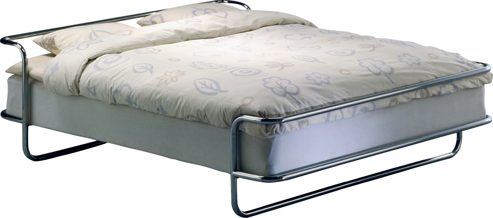 Low chrome-plated bed-ends, KROMVIK, attached to sprung mattress.