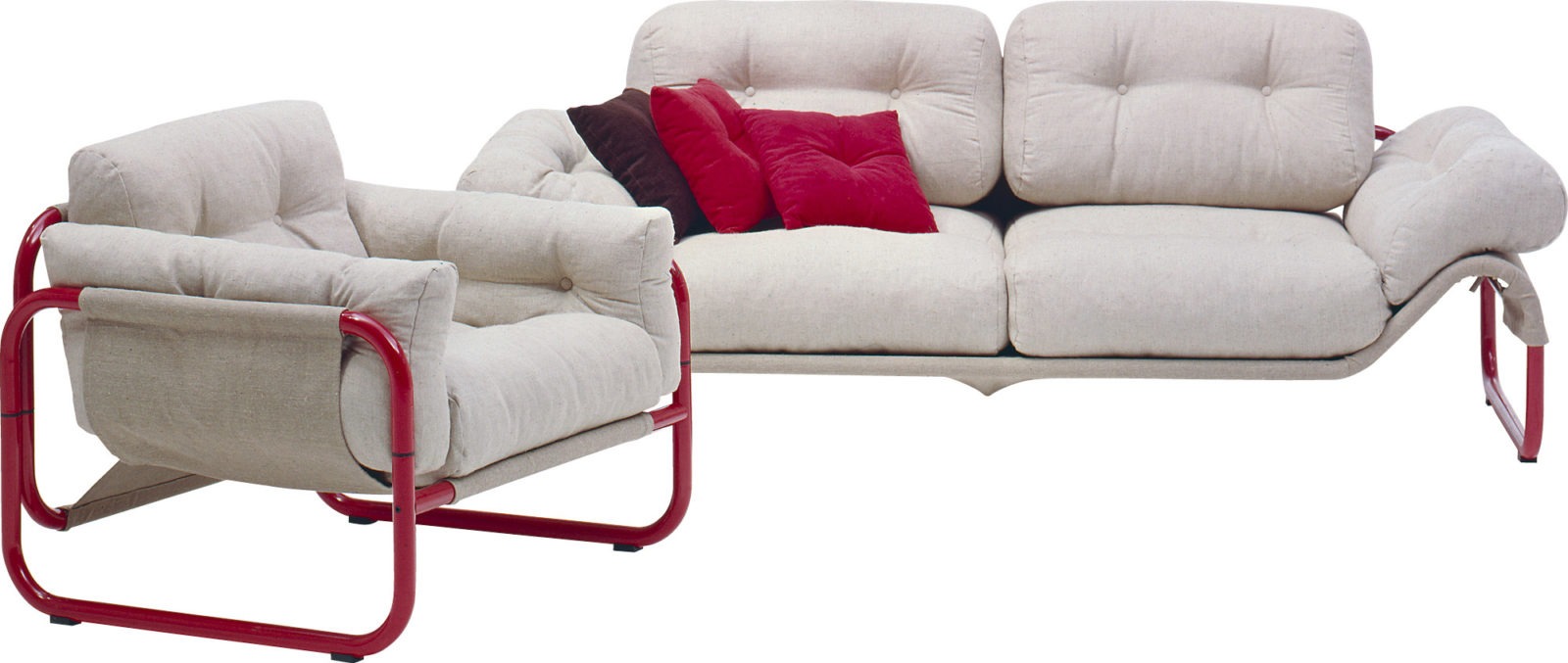Sofa and armchair with red-lacquered tubing in soft shapes with sand-coloured cotton upholstery, KULING.