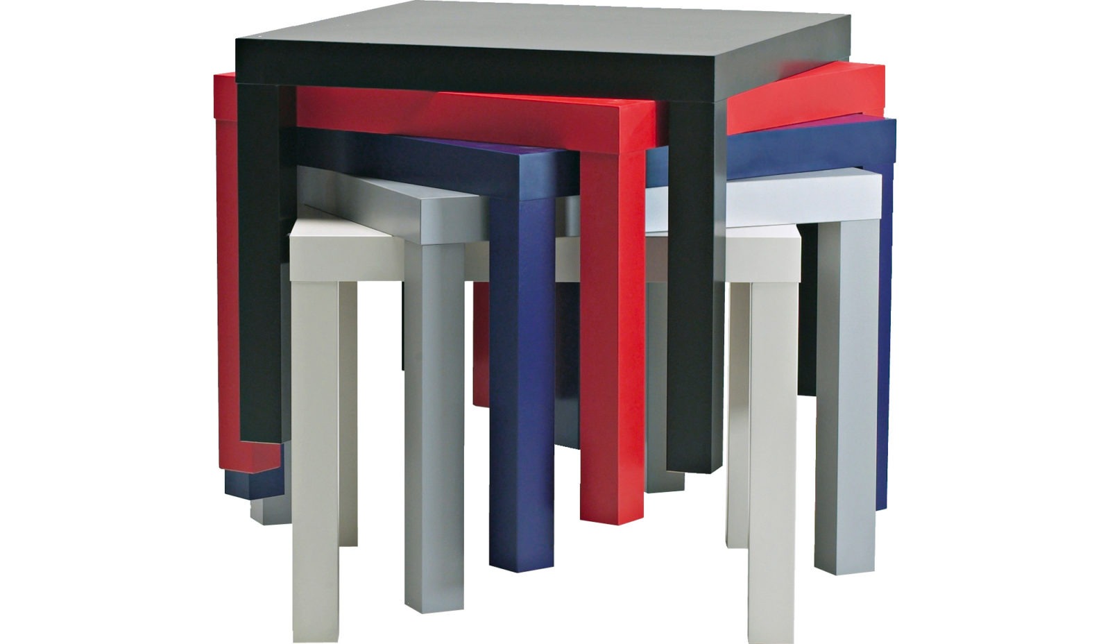 Small square tables in different colours stacked together, LACK.