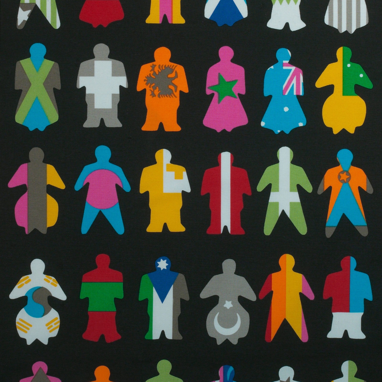 Textilmönster NEAN med personikoner i olika färger och flagginspirerat utseende.