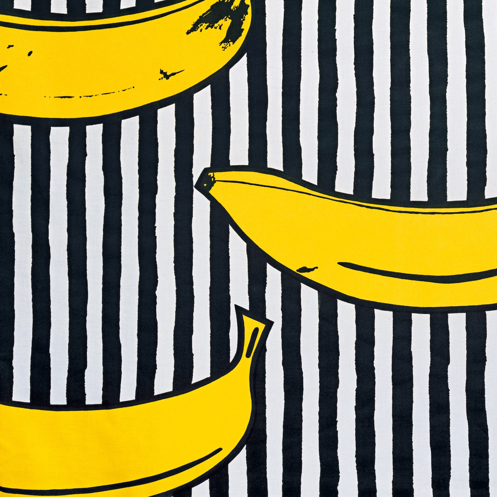 Fabric pattern with bright yellow bananas against black and white stripes, RANDIG BANAN.
