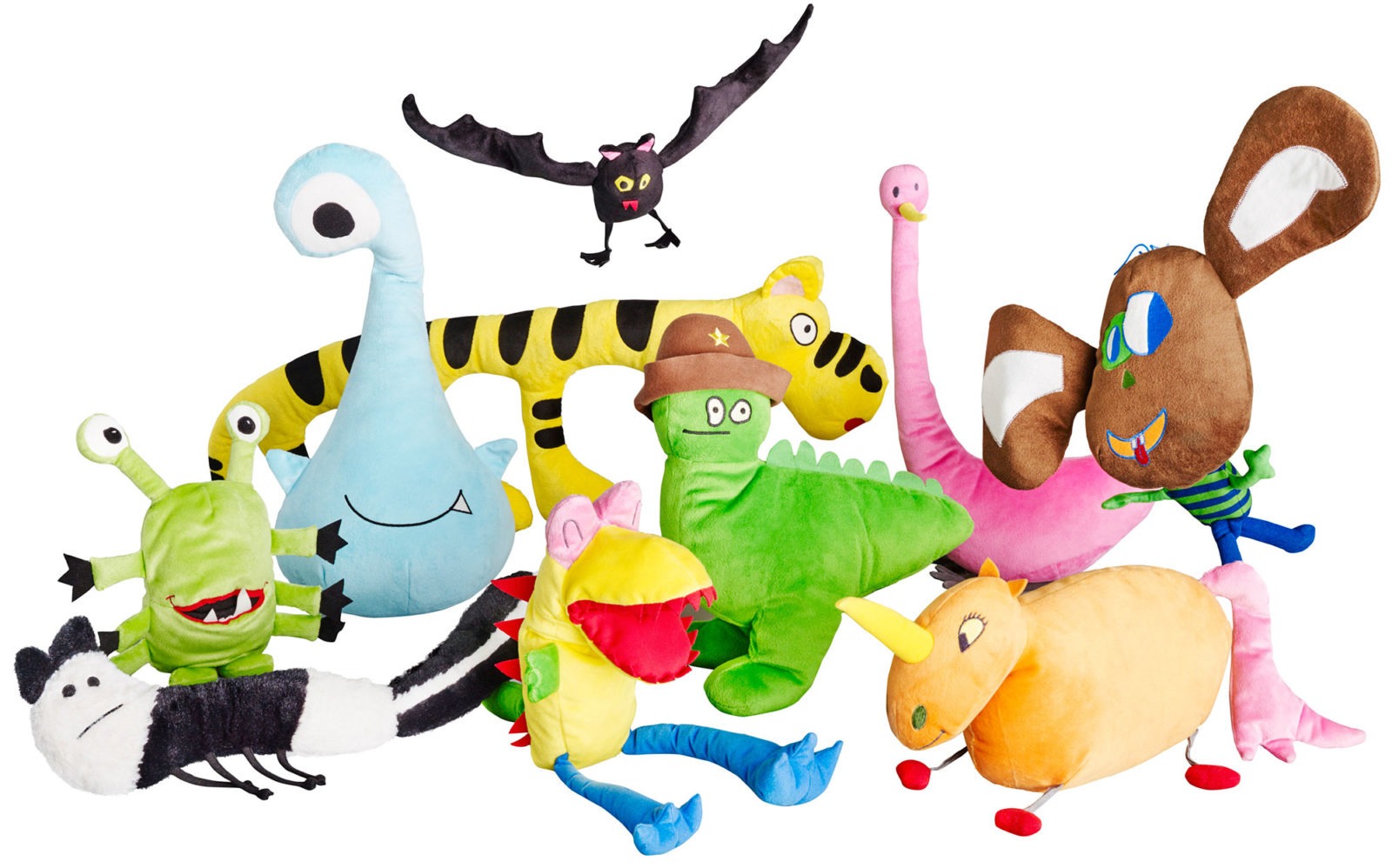 Pile of imaginative soft toys including an orange unicorn and a very thin tiger, SAGOSKATT.