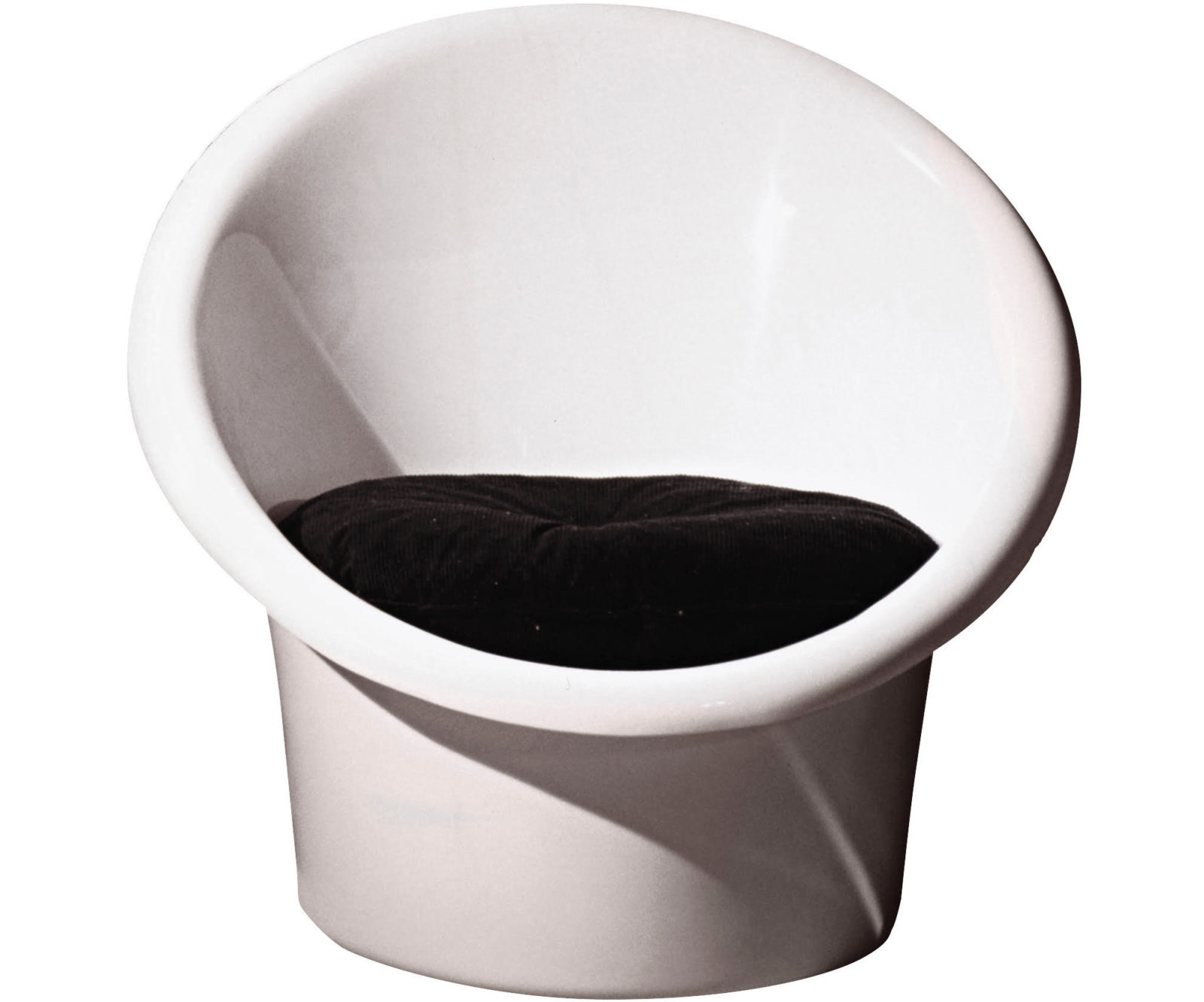 Bucket chair made of white plastic with black corduroy seat cushion, SKOPA.