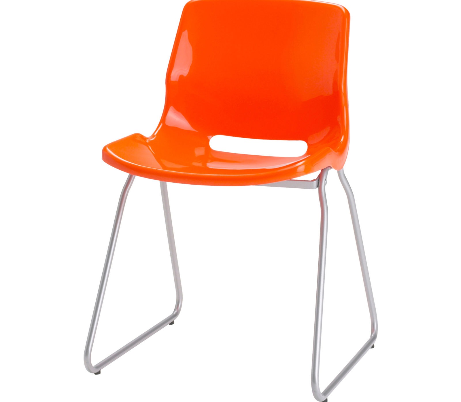 Stackable simple chair with metal base and orange plastic seat, SNILLE.