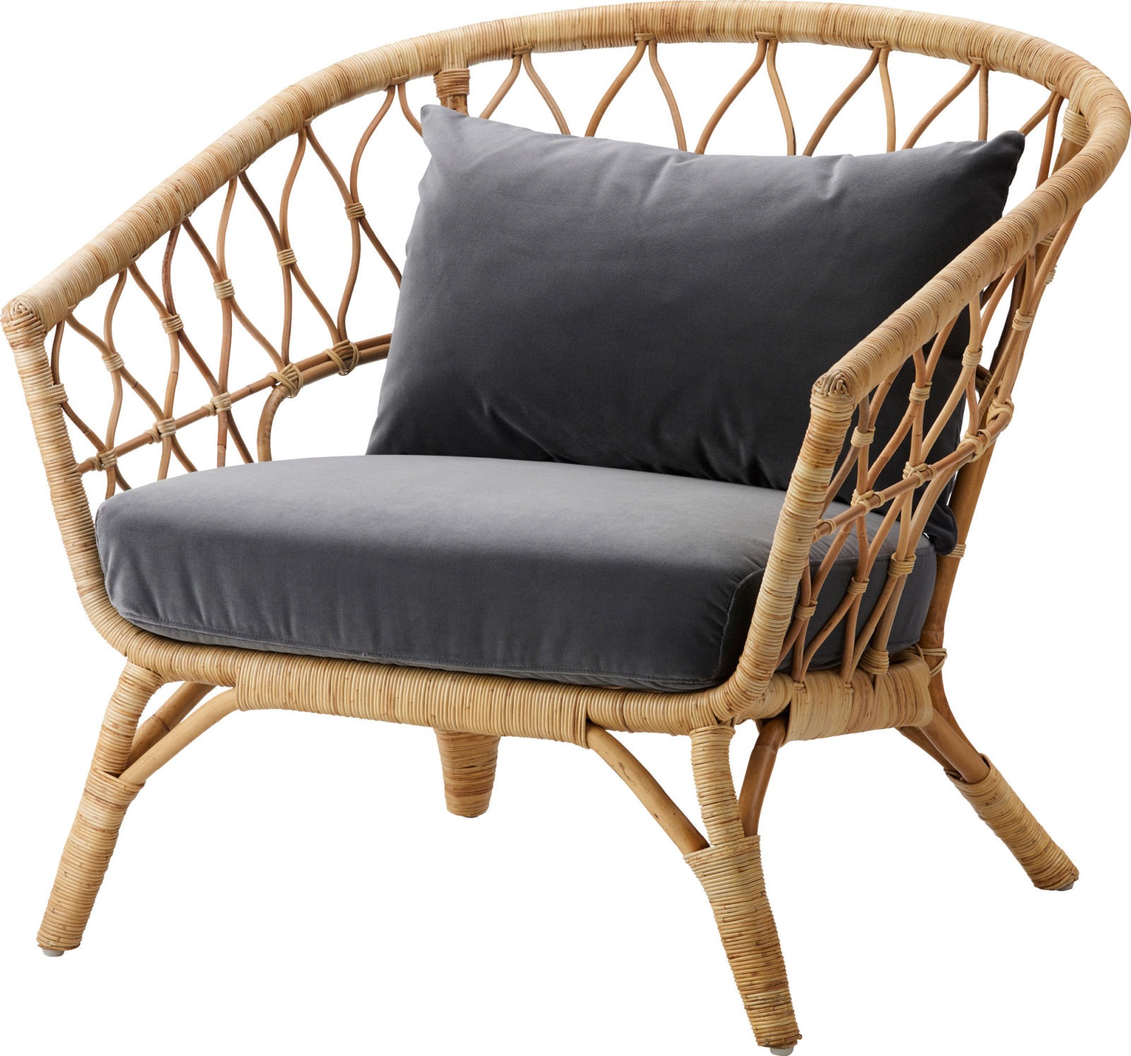 A neat handmade rattan armchair with a generous shape and dark grey cushions.