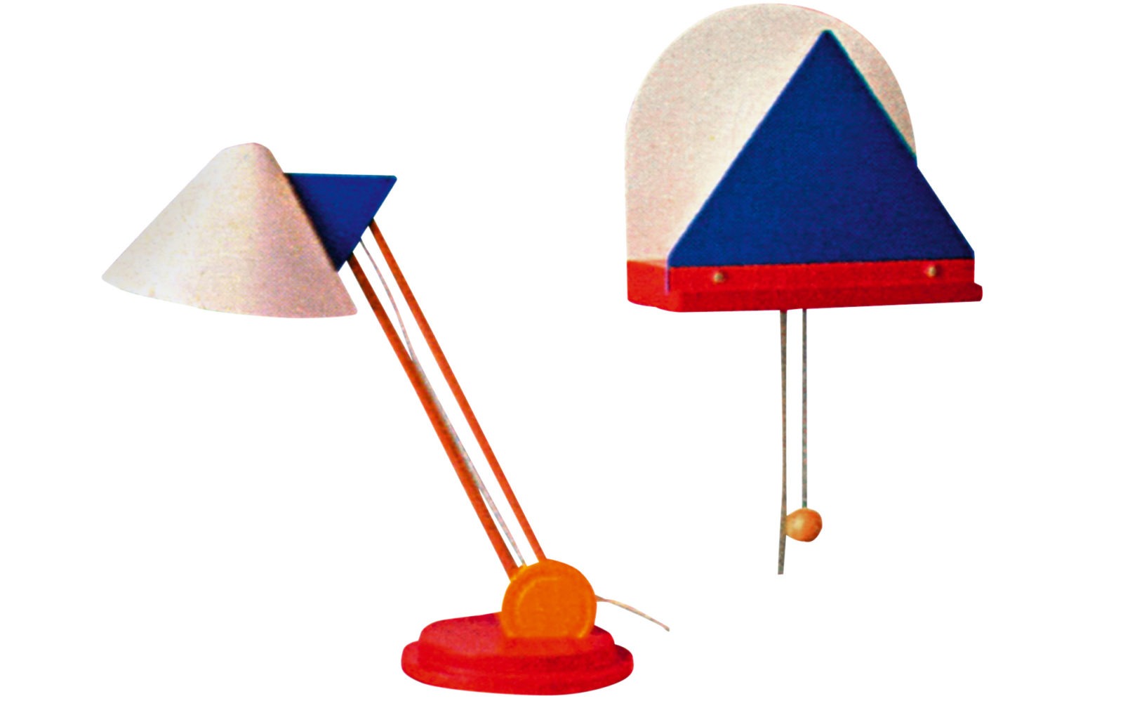Barnlampor, en vägglampa och en bordslampa, i vitt, orange, rött och blått, STOJA.