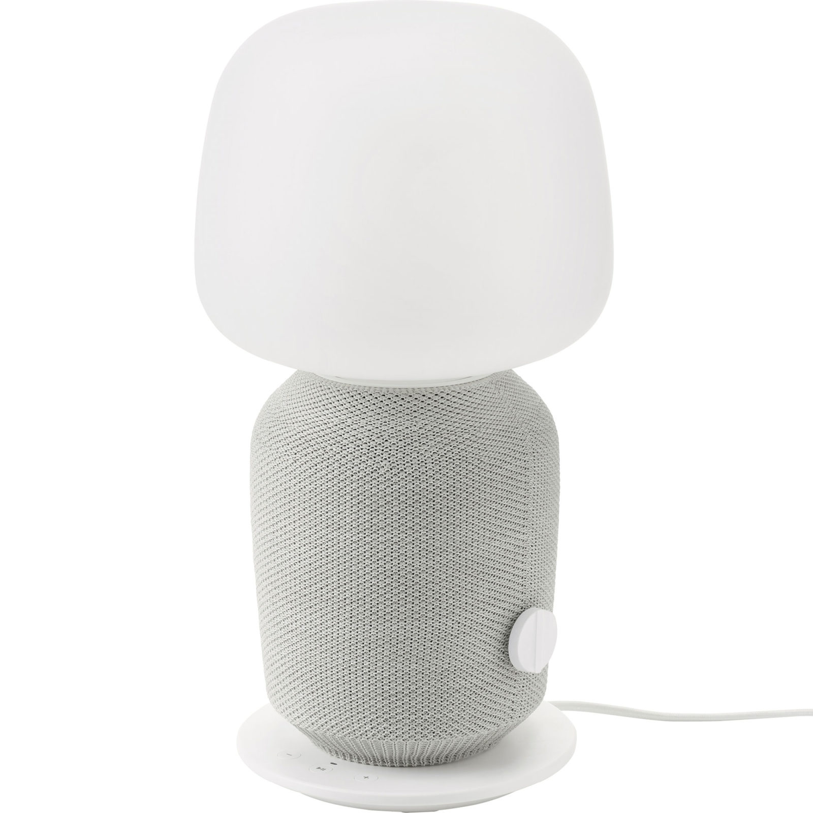 Bordslampa med WiFi-högtalare i lampfoten klädd med grå mesh, SYMFONISK.