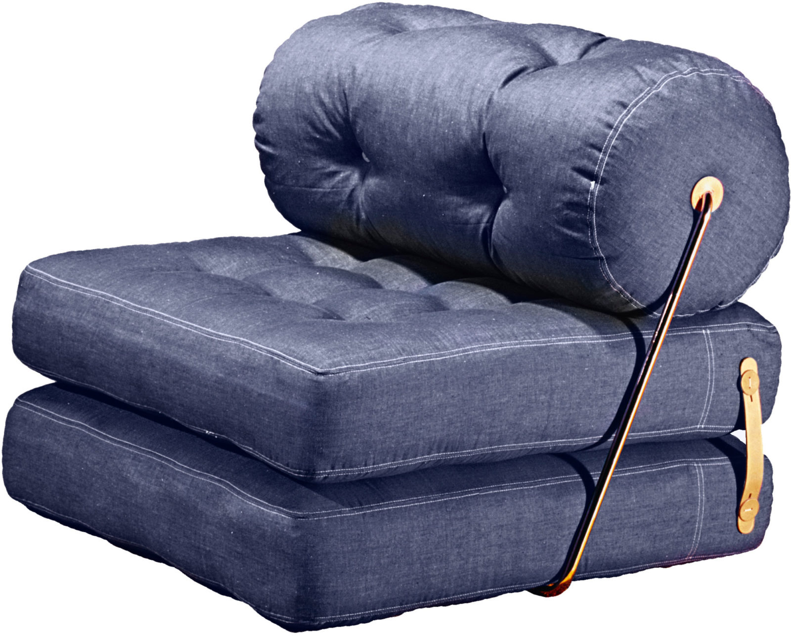 Combined sit, rest and lounge chair comprised of two thick cushions with blue denim covers, TAJT.