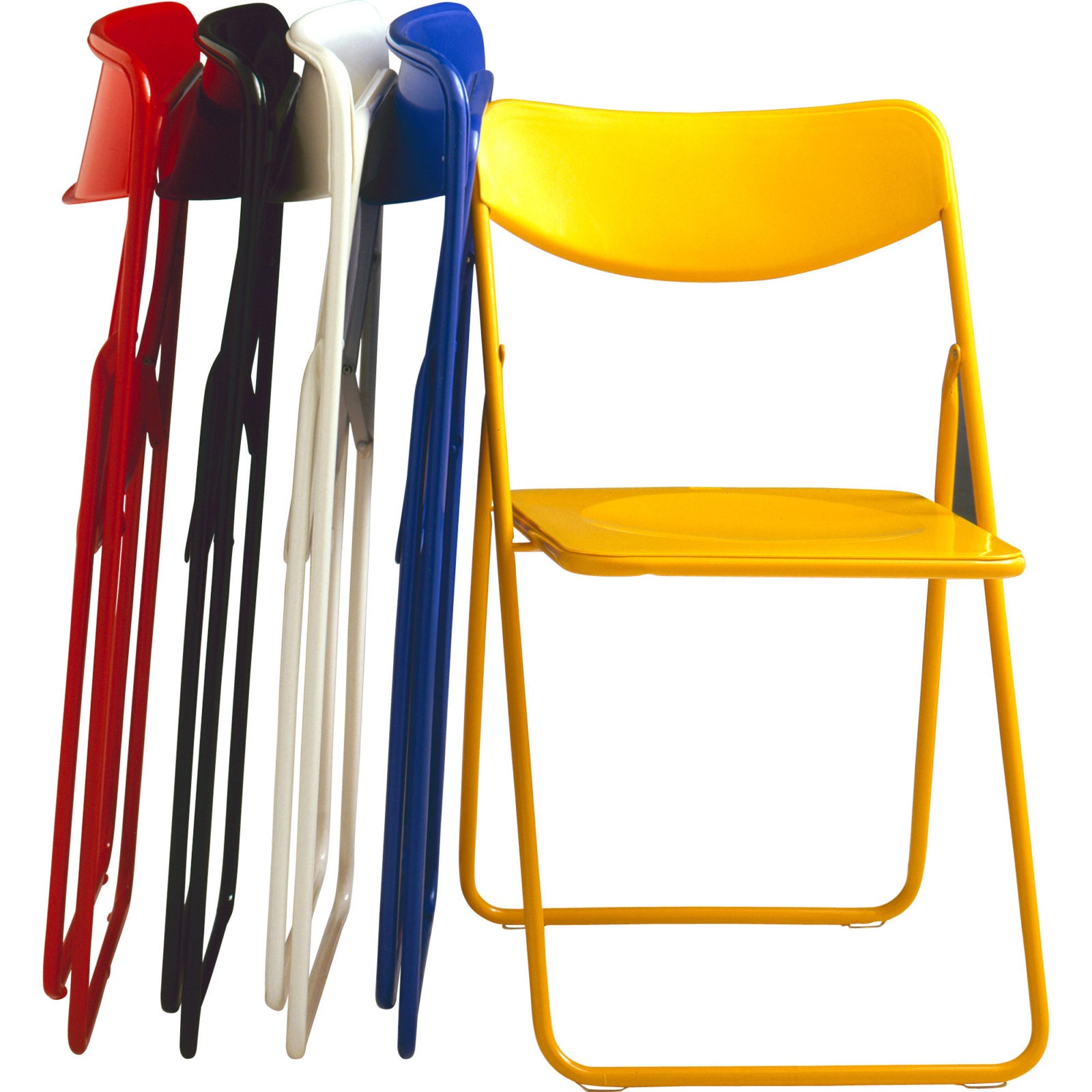 Stack of simple plastic folding chairs in different colours, red, black, yellow, blue, white, TED.