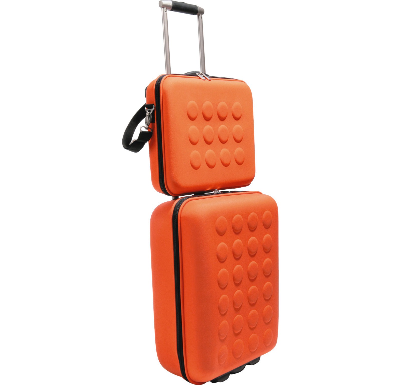 Bright orange cabin bag with wheels and an accompanying laptop bag, UPPTÄCKA.