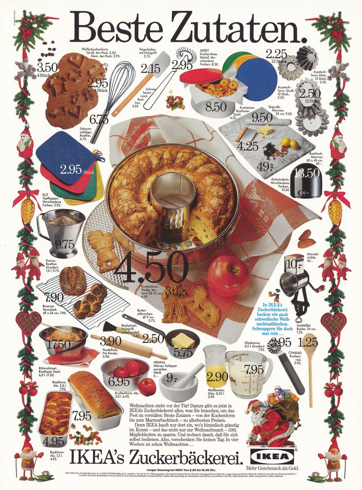Ad with a myriad of photos depicting kitchen utensils and Christmas foods, all price marked.
