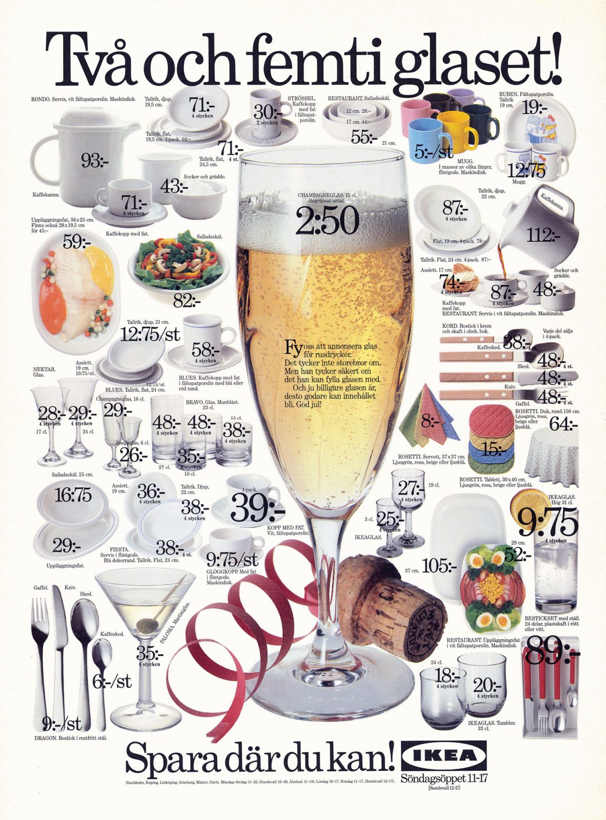 Annons med en mängd småbilder som visar glas och annat som behövs för fest, allting med pris utsatt.