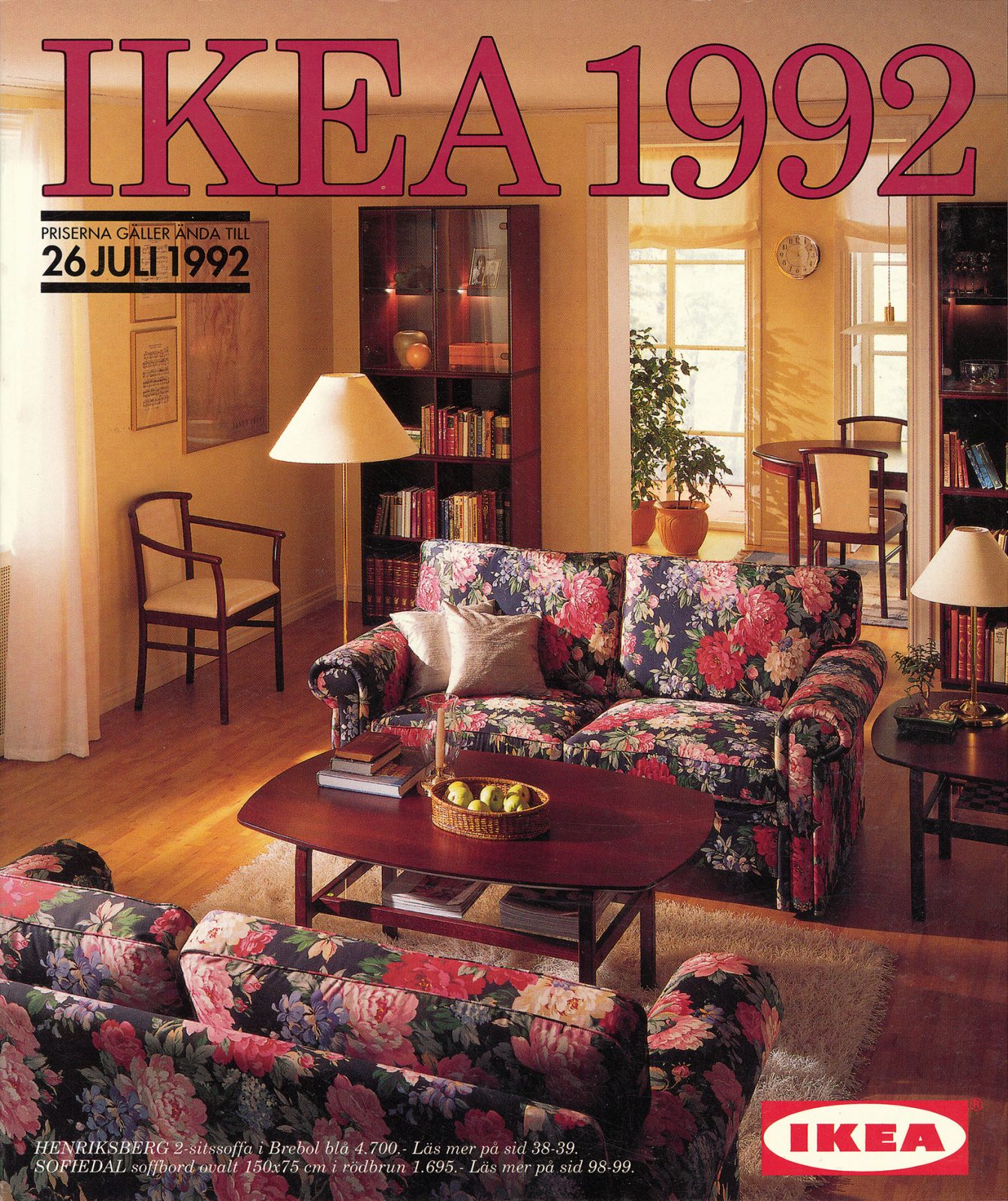 IKEA catalogue cover from 1992 with dark wooden furniture, floral patterned sofas and brass details.