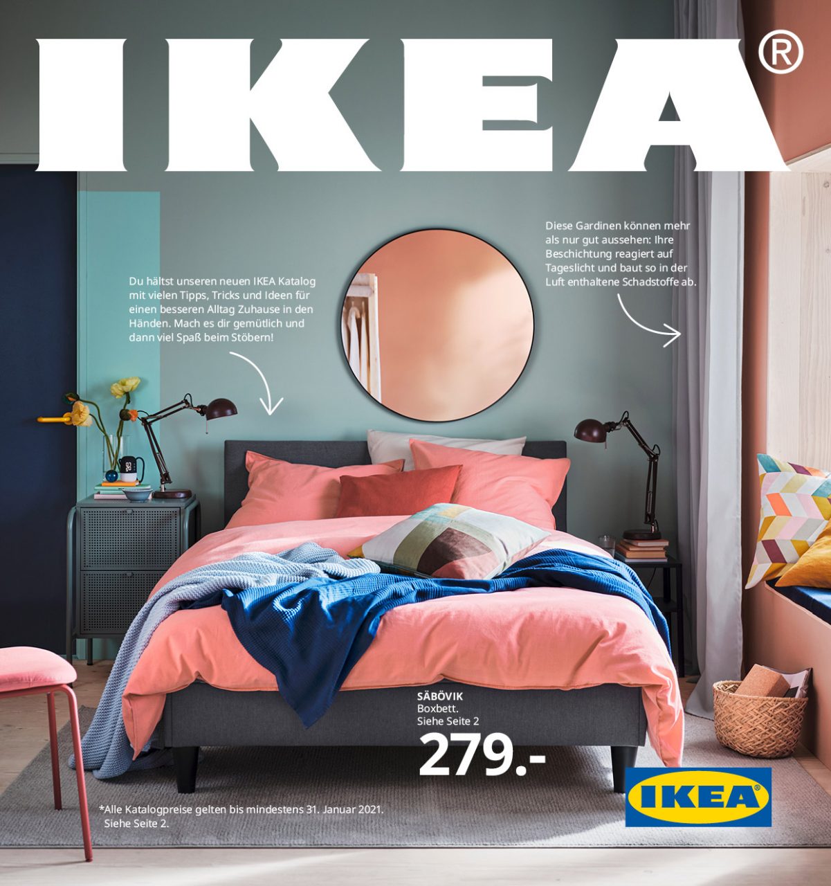 IKEA catalogue cover 2021 with image of bedroom and IKEA logo.
