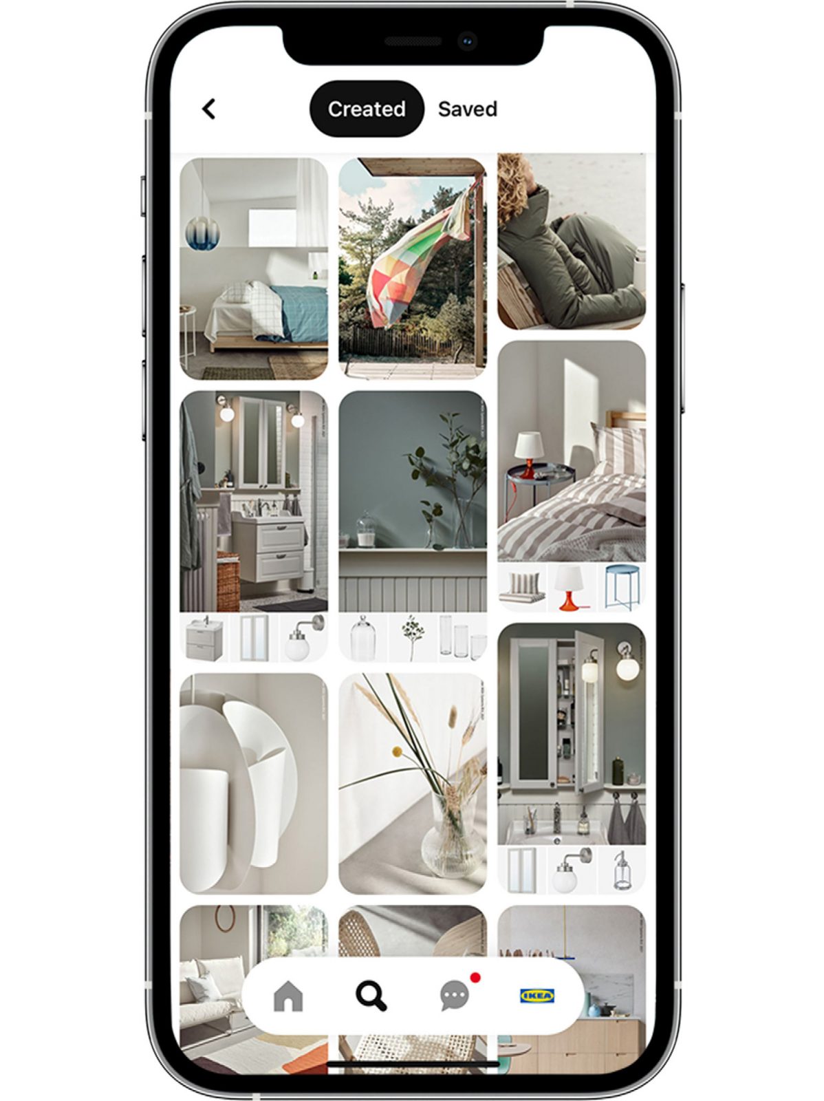 Mobilskärm med bildflöde som visar inredningslösningar för olika rumstyper, från vardagsrum till sovrum.
